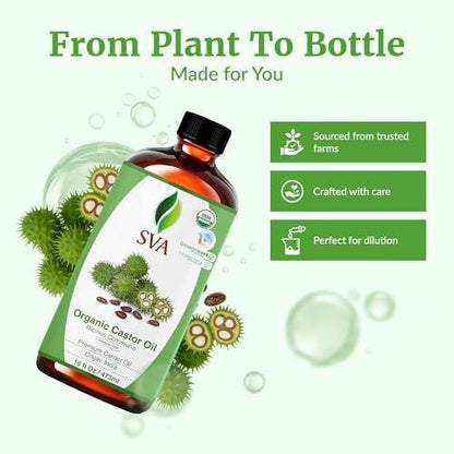 SVA Castor Seed Oil Organic - 16 Fl Oz – 100% Natürliches kaltgepresstes Bio-Rizinusöl für Gesicht, Hautpflege, Haarpflege, Kopfhautmassage & Körpermassage mit Pumpe