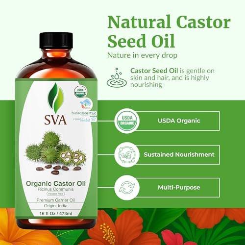 SVA Castor Seed Oil Organic - 16 Fl Oz – 100% Natürliches kaltgepresstes Bio-Rizinusöl für Gesicht, Hautpflege, Haarpflege, Kopfhautmassage & Körpermassage mit Pumpe