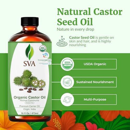 SVA Castor Seed Oil Organic - 16 Fl Oz – 100% Natürliches kaltgepresstes Bio-Rizinusöl für Gesicht, Hautpflege, Haarpflege, Kopfhautmassage & Körpermassage mit Pumpe