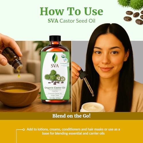 SVA Castor Seed Oil Organic - 16 Fl Oz – 100% Natürliches kaltgepresstes Bio-Rizinusöl für Gesicht, Hautpflege, Haarpflege, Kopfhautmassage & Körpermassage mit Pumpe