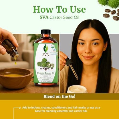 SVA Castor Seed Oil Organic - 16 Fl Oz – 100% Natürliches kaltgepresstes Bio-Rizinusöl für Gesicht, Hautpflege, Haarpflege, Kopfhautmassage & Körpermassage mit Pumpe