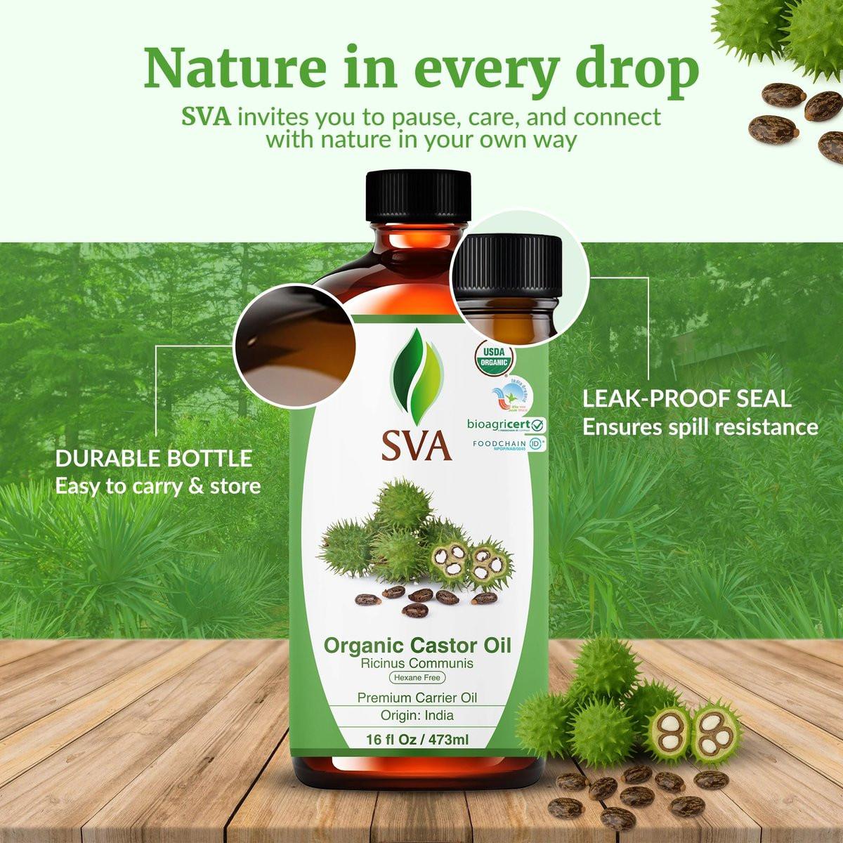 SVA Castor Seed Oil Organic - 16 Fl Oz – 100% Natürliches kaltgepresstes Bio-Rizinusöl für Gesicht, Hautpflege, Haarpflege, Kopfhautmassage & Körpermassage mit Pumpe