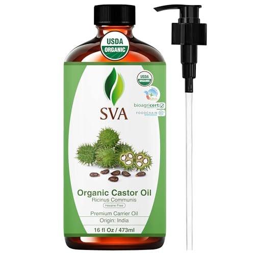 SVA Castor Seed Oil Organic - 16 Fl Oz – 100% Natürliches kaltgepresstes Bio-Rizinusöl für Gesicht, Hautpflege, Haarpflege, Kopfhautmassage & Körpermassage mit Pumpe