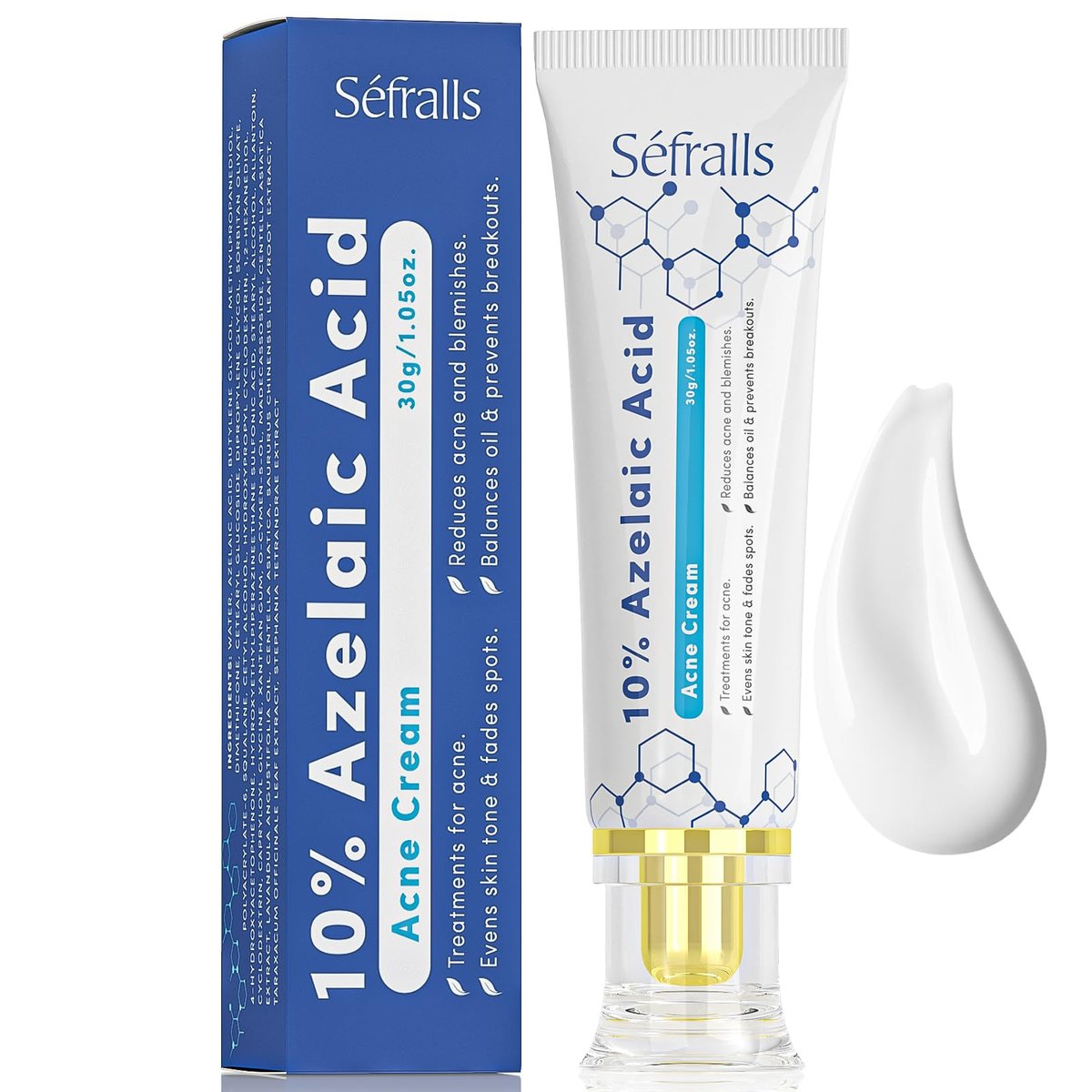 Sefralls 10% Azelainsäure Akne Creme, Premium Azelainsäure Gesichtscreme - Rötungsminderung für das Gesicht, Hautpflege zur Rötungsreduzierung, verhindert Akneausbrüche, lindert Pickel, klärt die Haut, beruhigt Reizungen, 28 g