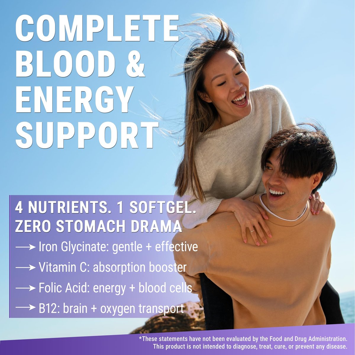 Eisenpräparat für Frauen & Männer | Eisenglycinat 50mg + Vitamin C, Folsäure 1000mcg, Vitamin B12 | Anämie Linderung, Energie-Boost & Immununterstützung | Magenschonend, schnelle Aufnahme | 60 Softgels