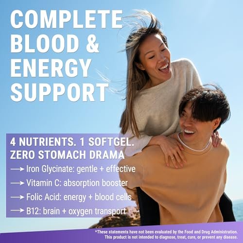 Eisenpräparat für Frauen & Männer | Eisenglycinat 50mg + Vitamin C, Folsäure 1000mcg, Vitamin B12 | Anämie Linderung, Energie-Boost & Immununterstützung | Magenschonend, schnelle Aufnahme | 60 Softgels