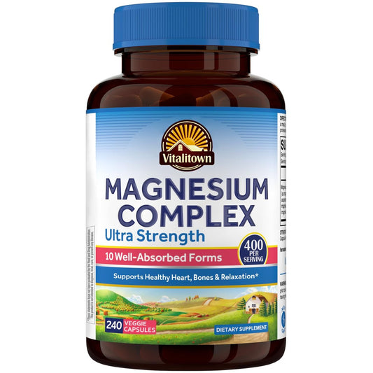 Vitalitown 10-in-1 Magnesium Komplex – 400 mg elementares Magnesium mit Glycinat, Citrat, Malat, Taurat & mehr – für Schlaf, Herz, Energie – Vegan, Non-GMO, 240 Kapseln