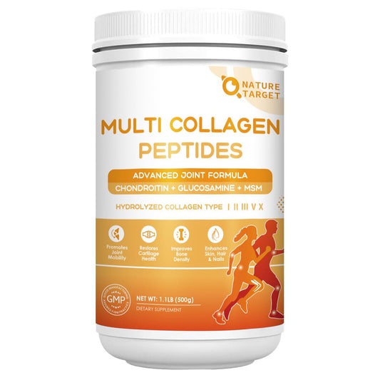 NATURE TARGET Multi-Collagen-Peptiden-Pulver für Gelenkunterstützung, hydrolysiertes Kollagen für Frauen und Männer mit MSM + GC, Typ I II III V X Kollagen für Haut, Haare & Nägel, Nicht-GVO, 50 Portionen