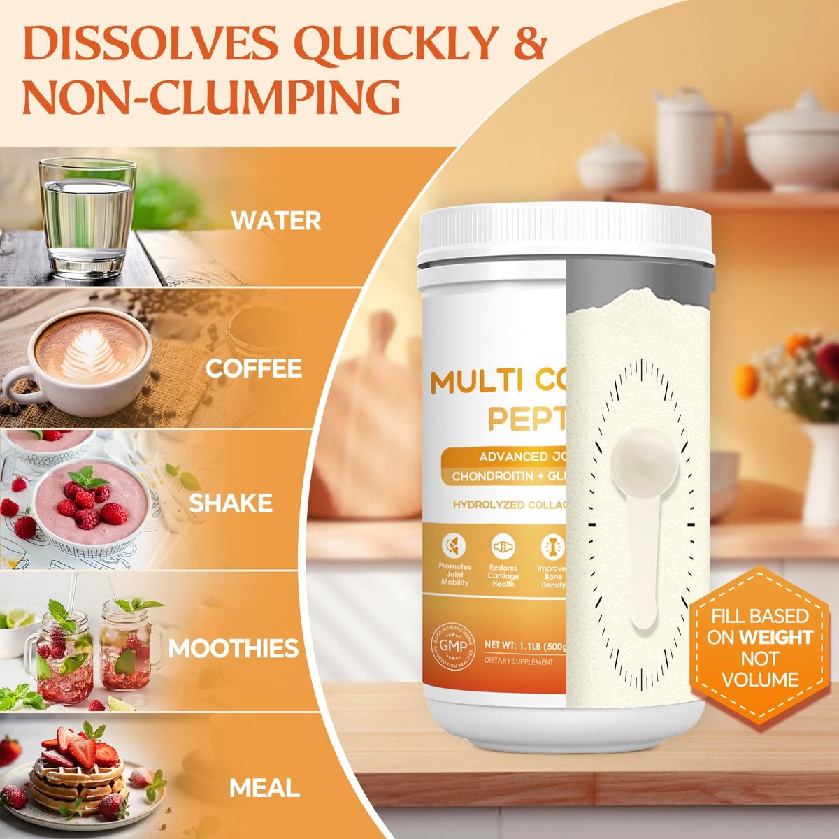 NATURE TARGET Multi-Collagen-Peptiden-Pulver für Gelenkunterstützung, hydrolysiertes Kollagen für Frauen und Männer mit MSM + GC, Typ I II III V X Kollagen für Haut, Haare & Nägel, Nicht-GVO, 50 Portionen