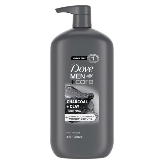 DOVE MEN + CARE Körper- und Gesichtspeeling Aktivkohle & Tonerde Duschgel für Männer mit 24-Stunden-Nährstoff-Feuchtigkeitstechnologie, 30 oz
