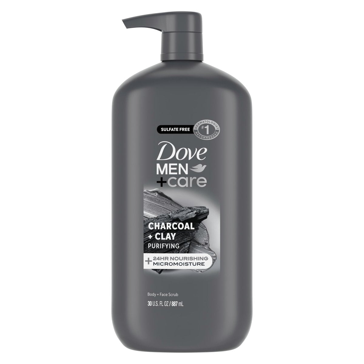 DOVE MEN + CARE Körper- und Gesichtspeeling Aktivkohle & Tonerde Duschgel für Männer mit 24-Stunden-Nährstoff-Feuchtigkeitstechnologie, 30 oz