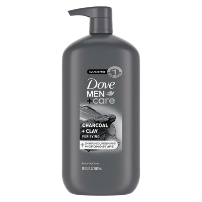 DOVE MEN + CARE Körper- und Gesichtspeeling Aktivkohle & Tonerde Duschgel für Männer mit 24-Stunden-Nährstoff-Feuchtigkeitstechnologie, 30 oz