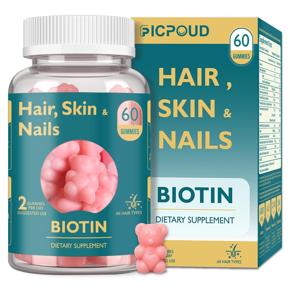 Ficpoud Biotin Gummis für Haare, Haut und Nägel – Vegan, 60 Stück, 30-Tage-Vorrat