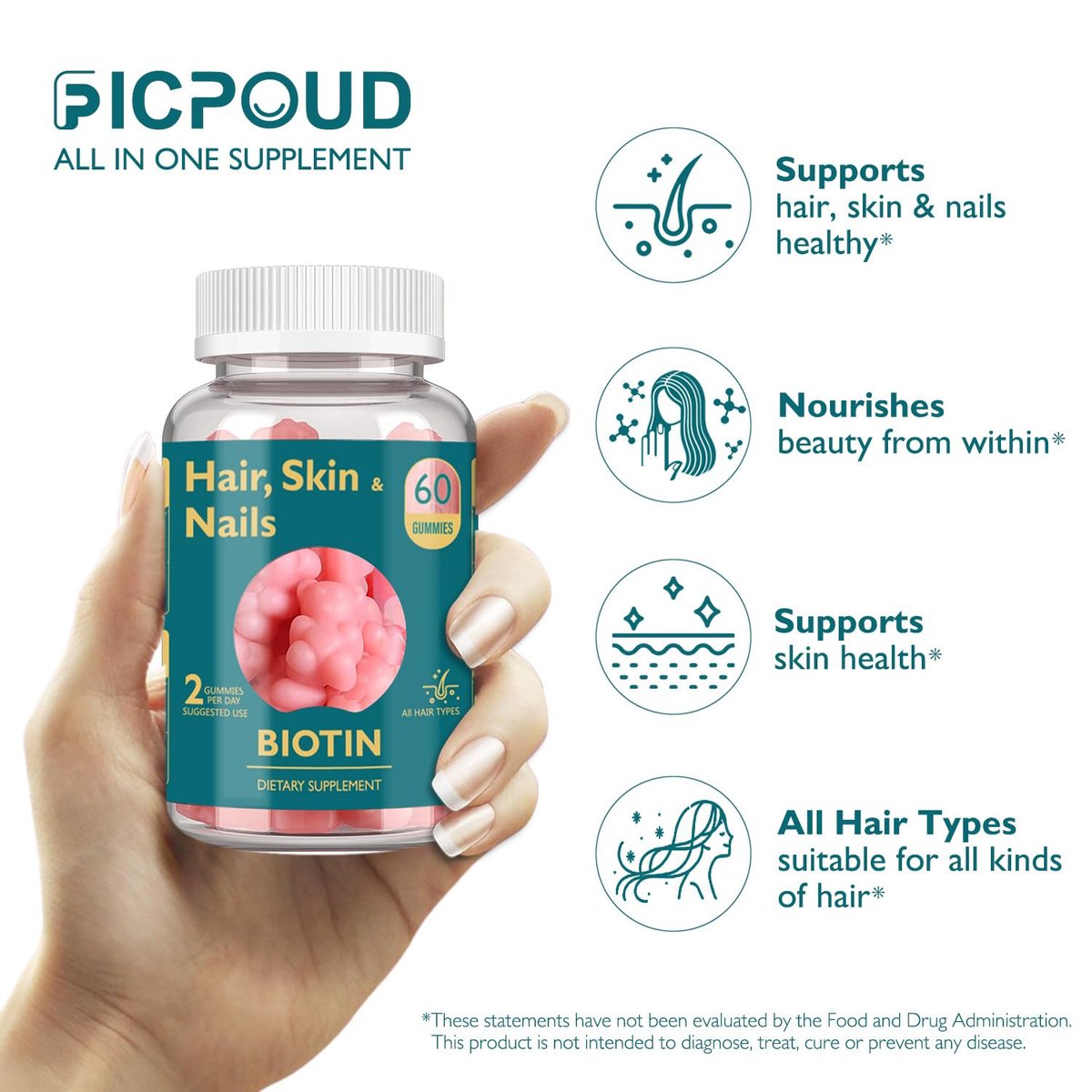 Ficpoud Biotin Gummis für Haare, Haut und Nägel – Vegan, 60 Stück, 30-Tage-Vorrat
