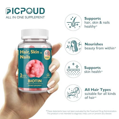 Ficpoud Biotin Gummis für Haare, Haut und Nägel – Vegan, 60 Stück, 30-Tage-Vorrat