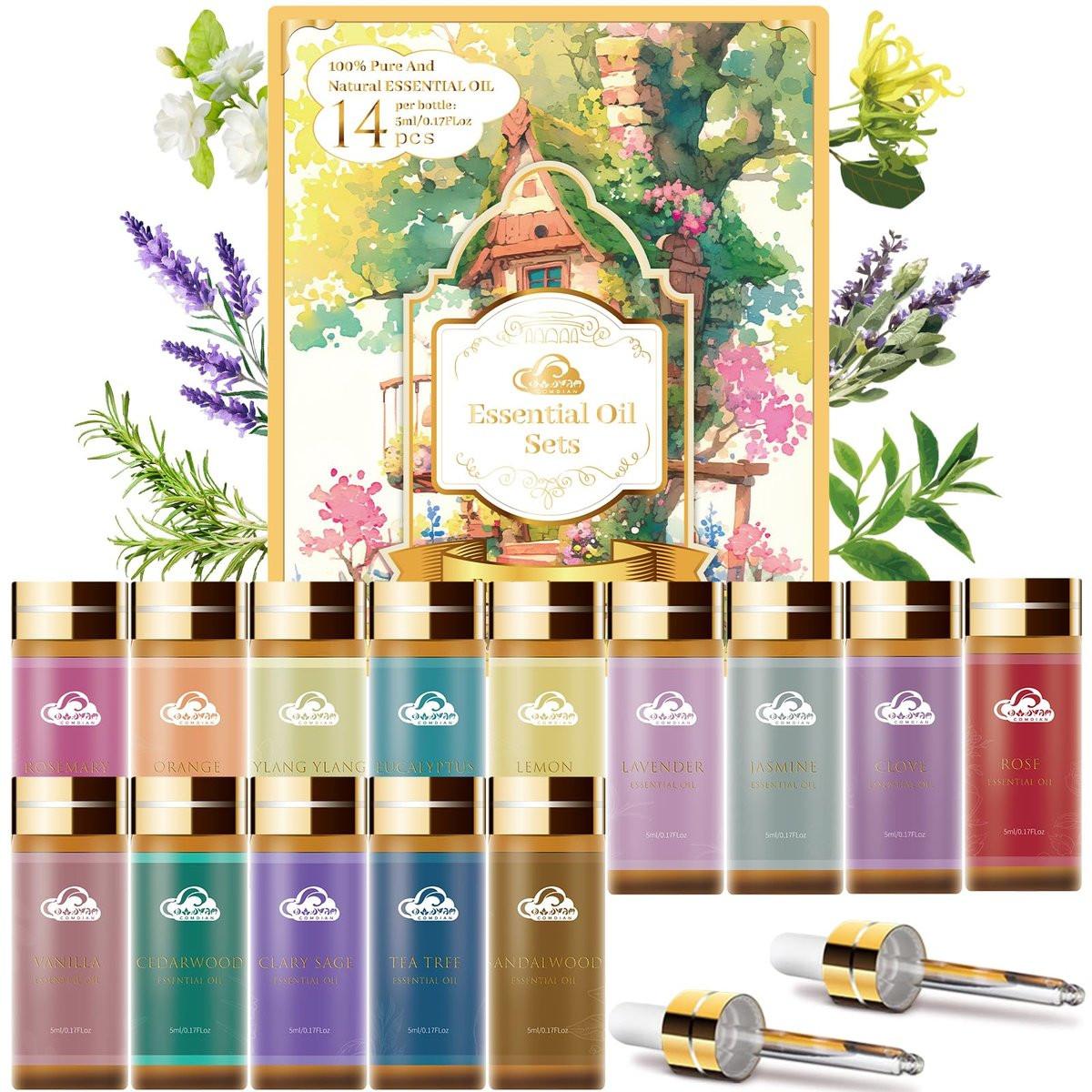 14-teiliges Duft-Essential-Öl-Set – Aromatherapie-Öle für Haut, Diffuser, Haushalt, Luftbefeuchter, Wäsche, Kerzenherstellung – Teebaum, Sandelholz, Lavendel, Vanille, Eukalyptus und mehr (je 5 ml)