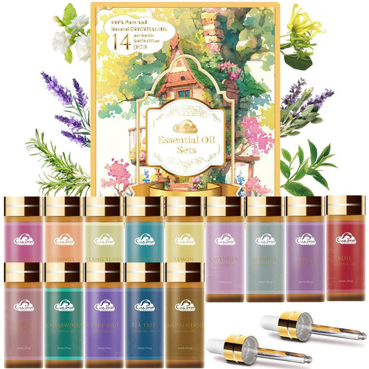 14-teiliges Duft-Essential-Öl-Set – Aromatherapie-Öle für Haut, Diffuser, Haushalt, Luftbefeuchter, Wäsche, Kerzenherstellung – Teebaum, Sandelholz, Lavendel, Vanille, Eukalyptus und mehr (je 5 ml)