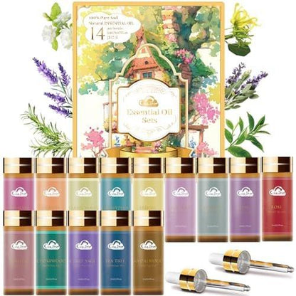 14-teiliges Duft-Essential-Öl-Set – Aromatherapie-Öle für Haut, Diffuser, Haushalt, Luftbefeuchter, Wäsche, Kerzenherstellung – Teebaum, Sandelholz, Lavendel, Vanille, Eukalyptus und mehr (je 5 ml)