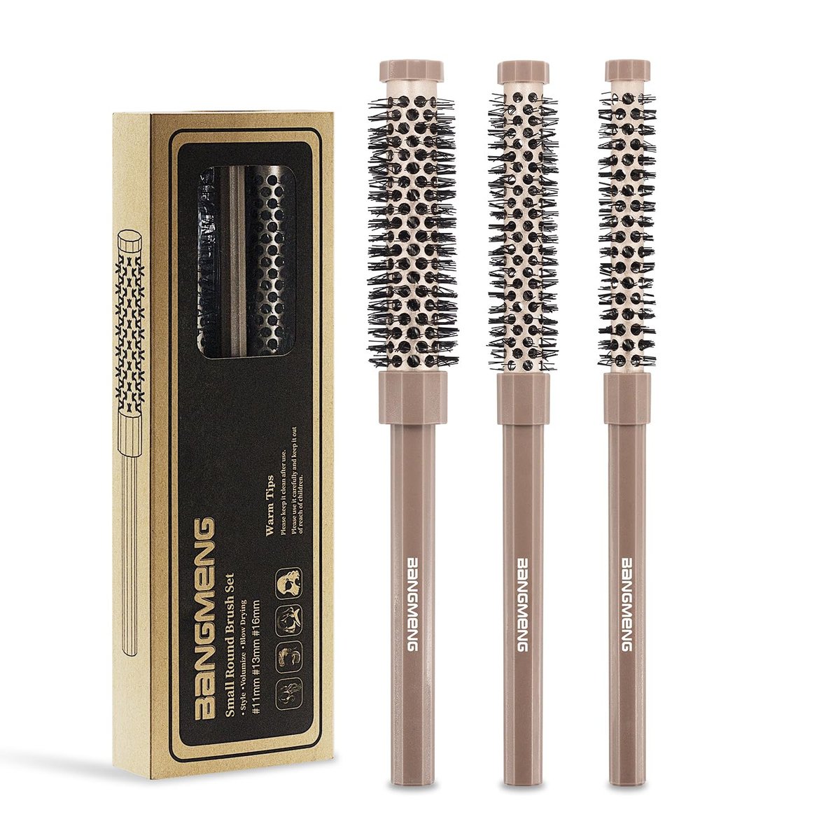BANGMENG 3-teiliges Set kleiner Rundbürsten, 3/7 1/2 5/8 Zoll Barrel, Haarbürsten zum Föhnen, weiche Borsten für Volumen, für kurzes Haar, Pony, Ansatz, Locken und glattes Haar