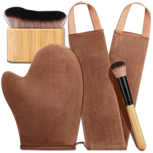 4-in-1 Luxus-Samt-Bräunungs-Handschuh Set: Selbstbräuner-Applikator, Pinsel, Rückenteil und Handschuh für gleichmäßige Bräune