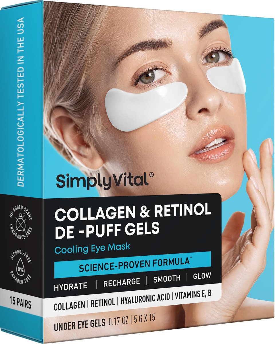 Augenpads gegen Schwellungen und dunkle Augenringe – Kühlende Augenmasken für Damen und Herren mit Kollagen, Hyaluronsäure & Retinol – Entschwellende Augenpads – 15 Paare