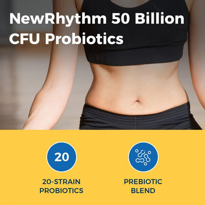 NewRhythm Probiotika 50 Milliarden KBE 20 Stämme, 120 vegane Kapseln, Zielgerichtete Freisetzungstechnologie, Magensäureresistent, Kühlschrank nicht erforderlich, Nicht-GVO, Ohne Gluten
