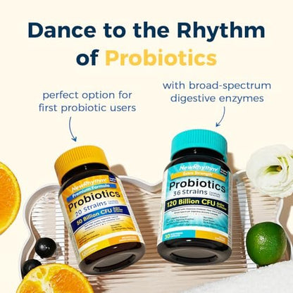NewRhythm Probiotika 50 Milliarden KBE 20 Stämme, 120 vegane Kapseln, Zielgerichtete Freisetzungstechnologie, Magensäureresistent, Kühlschrank nicht erforderlich, Nicht-GVO, Ohne Gluten