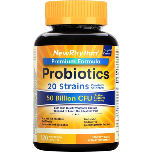 NewRhythm Probiotika 50 Milliarden KBE 20 Stämme, 120 vegane Kapseln, Zielgerichtete Freisetzungstechnologie, Magensäureresistent, Kühlschrank nicht erforderlich, Nicht-GVO, Ohne Gluten