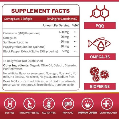 ZEBORA CoQ10 600 mg Weichkapseln - Hochdosiertes Coenzym Q10 mit PQQ, Omega-3 & BioPerin - Hochabsorbierbares CoQ10 Antioxidans für Herzgesundheit & Energieproduktion, 120 Weichkapseln