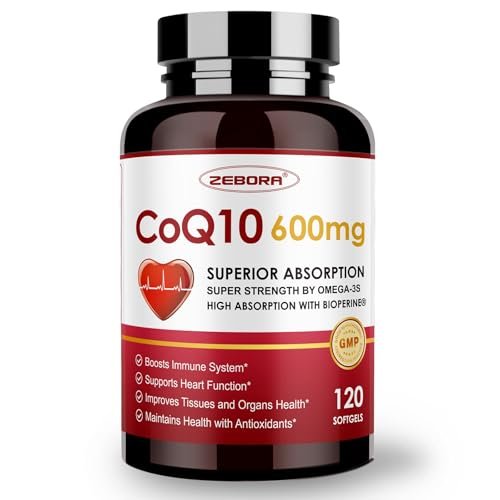 ZEBORA CoQ10 600 mg Weichkapseln - Hochdosiertes Coenzym Q10 mit PQQ, Omega-3 & BioPerin - Hochabsorbierbares CoQ10 Antioxidans für Herzgesundheit & Energieproduktion, 120 Weichkapseln