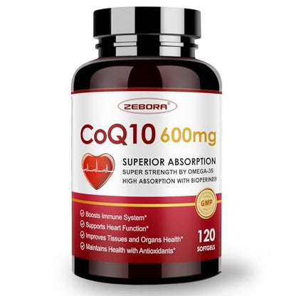 ZEBORA CoQ10 600 mg Weichkapseln - Hochdosiertes Coenzym Q10 mit PQQ, Omega-3 & BioPerin - Hochabsorbierbares CoQ10 Antioxidans für Herzgesundheit & Energieproduktion, 120 Weichkapseln