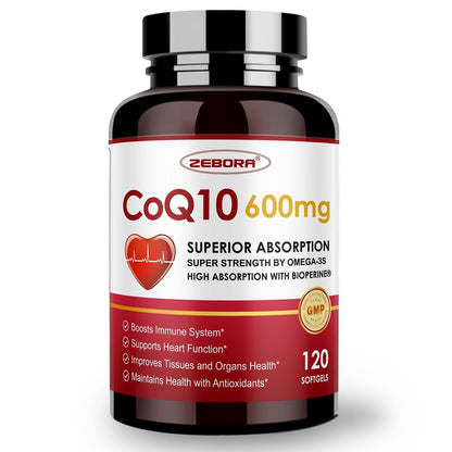 ZEBORA CoQ10 600 mg Weichkapseln - Hochdosiertes Coenzym Q10 mit PQQ, Omega-3 & BioPerin - Hochabsorbierbares CoQ10 Antioxidans für Herzgesundheit & Energieproduktion, 120 Weichkapseln