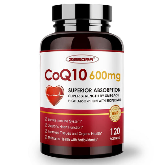 ZEBORA CoQ10 600 mg Weichkapseln - Hochdosiertes Coenzym Q10 mit PQQ, Omega-3 & BioPerin - Hochabsorbierbares CoQ10 Antioxidans für Herzgesundheit & Energieproduktion, 120 Weichkapseln