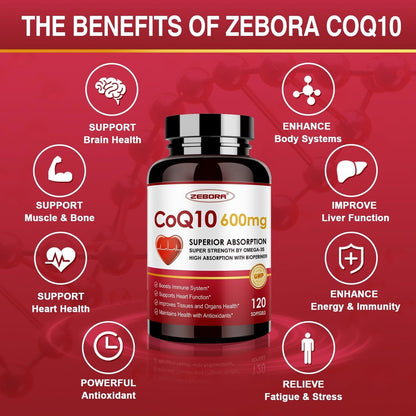 ZEBORA CoQ10 600 mg Weichkapseln - Hochdosiertes Coenzym Q10 mit PQQ, Omega-3 & BioPerin - Hochabsorbierbares CoQ10 Antioxidans für Herzgesundheit & Energieproduktion, 120 Weichkapseln