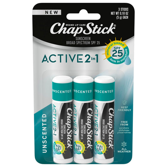 ChapStick Active 2-in-1 Lippenbalsam ohne Duft mit mineralischem SPF 25 Sonnenschutz – 0,18 oz (3er-Pack)