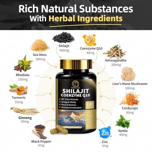 BBEEAAUU Shilajit für Männer mit Sea Moss & Ashwagandha – 12-in-1 Himalaya-Shilajit-Kapseln mit Coenzym Q10, Fulvinsäure & Huminsäure, Löwenmähne, Unterstützt Energie & Immunität, 120 Kapseln