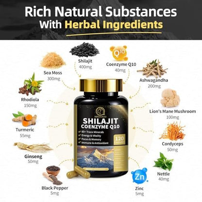 BBEEAAUU Shilajit für Männer mit Sea Moss & Ashwagandha – 12-in-1 Himalaya-Shilajit-Kapseln mit Coenzym Q10, Fulvinsäure & Huminsäure, Löwenmähne, Unterstützt Energie & Immunität, 120 Kapseln
