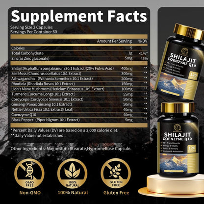 BBEEAAUU Shilajit für Männer mit Sea Moss & Ashwagandha – 12-in-1 Himalaya-Shilajit-Kapseln mit Coenzym Q10, Fulvinsäure & Huminsäure, Löwenmähne, Unterstützt Energie & Immunität, 120 Kapseln