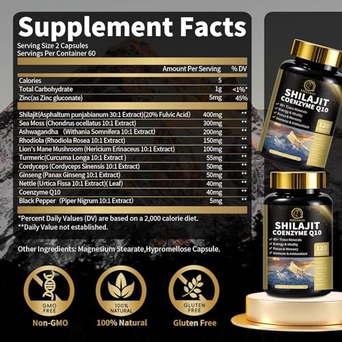 BBEEAAUU Shilajit für Männer mit Sea Moss & Ashwagandha – 12-in-1 Himalaya-Shilajit-Kapseln mit Coenzym Q10, Fulvinsäure & Huminsäure, Löwenmähne, Unterstützt Energie & Immunität, 120 Kapseln