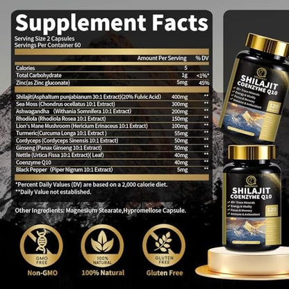 BBEEAAUU Shilajit für Männer mit Sea Moss & Ashwagandha – 12-in-1 Himalaya-Shilajit-Kapseln mit Coenzym Q10, Fulvinsäure & Huminsäure, Löwenmähne, Unterstützt Energie & Immunität, 120 Kapseln