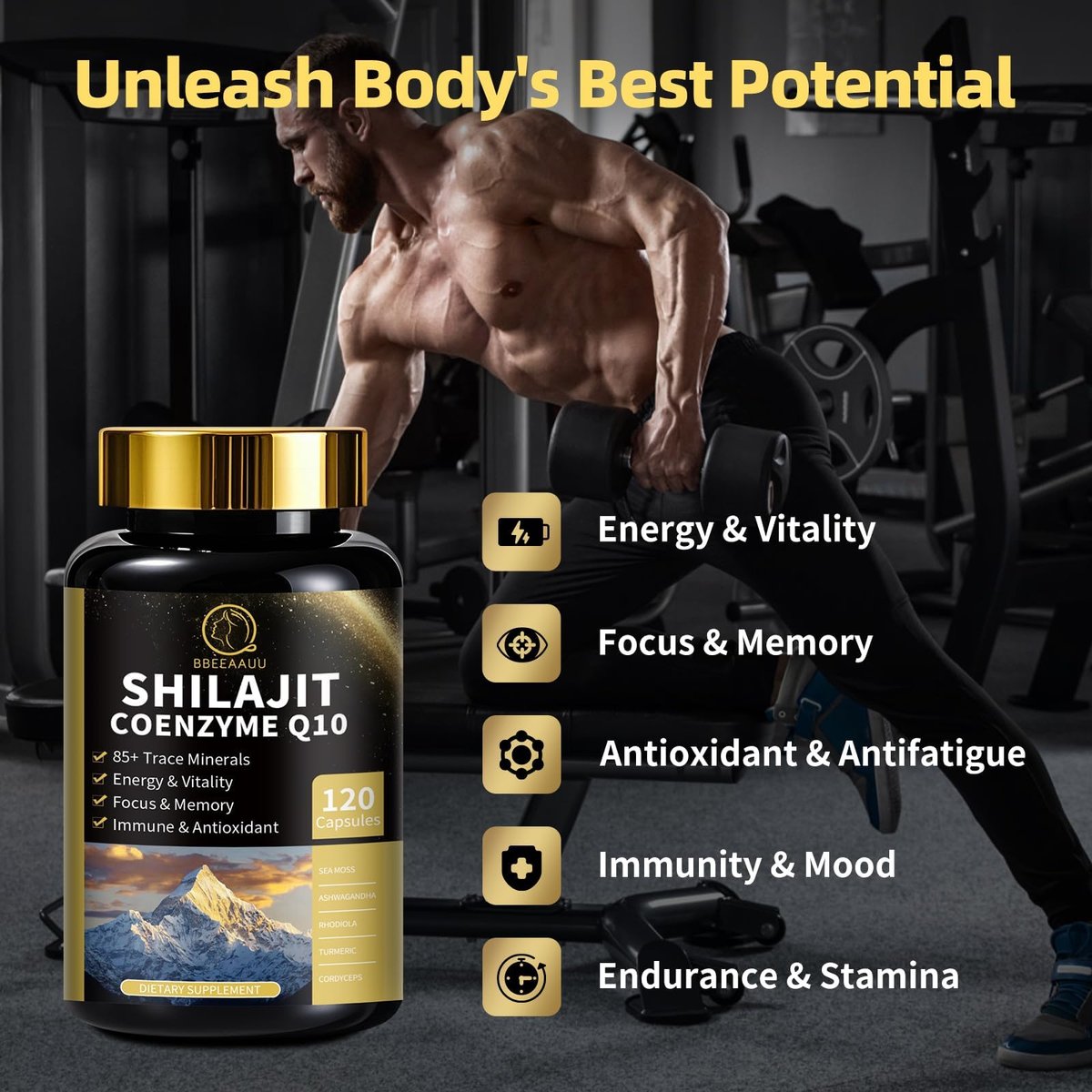 BBEEAAUU Shilajit für Männer mit Sea Moss & Ashwagandha – 12-in-1 Himalaya-Shilajit-Kapseln mit Coenzym Q10, Fulvinsäure & Huminsäure, Löwenmähne, Unterstützt Energie & Immunität, 120 Kapseln