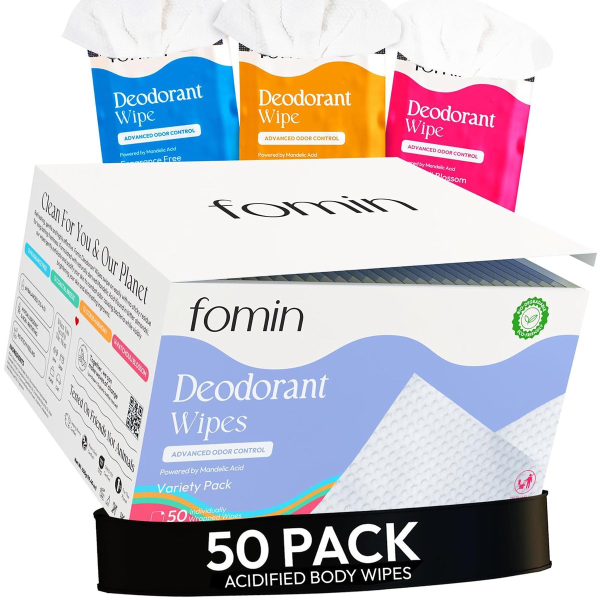 FOMIN Fruchtig-frische Deo-Tücher für unterwegs – 50 Stück, pH-ausgeglichen, einzeln verpackt, plastikfrei, für Männer & Frauen (Variety Pack)