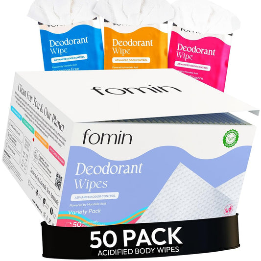 FOMIN Fruchtig-frische Deo-Tücher für unterwegs – 50 Stück, pH-ausgeglichen, einzeln verpackt, plastikfrei, für Männer & Frauen (Variety Pack)