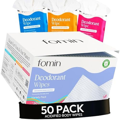 FOMIN Fruchtig-frische Deo-Tücher für unterwegs – 50 Stück, pH-ausgeglichen, einzeln verpackt, plastikfrei, für Männer & Frauen (Variety Pack)