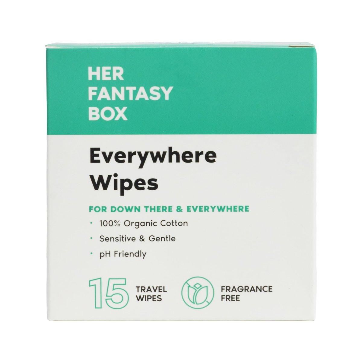 Her Fantasy Box | Everywhere Wipes – 100% Bio-Baumwolle, Sanft & Erfrischend, pH-ausgeglichen, Duftfrei, Pflanzlich für Körper, Gesicht & Intimbereich, Ideal für empfindliche Haut - 1 Packung, 15 Tücher