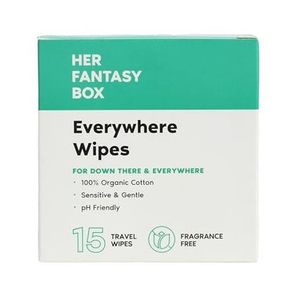 Her Fantasy Box | Everywhere Wipes – 100% Bio-Baumwolle, Sanft & Erfrischend, pH-ausgeglichen, Duftfrei, Pflanzlich für Körper, Gesicht & Intimbereich, Ideal für empfindliche Haut - 1 Packung, 15 Tücher