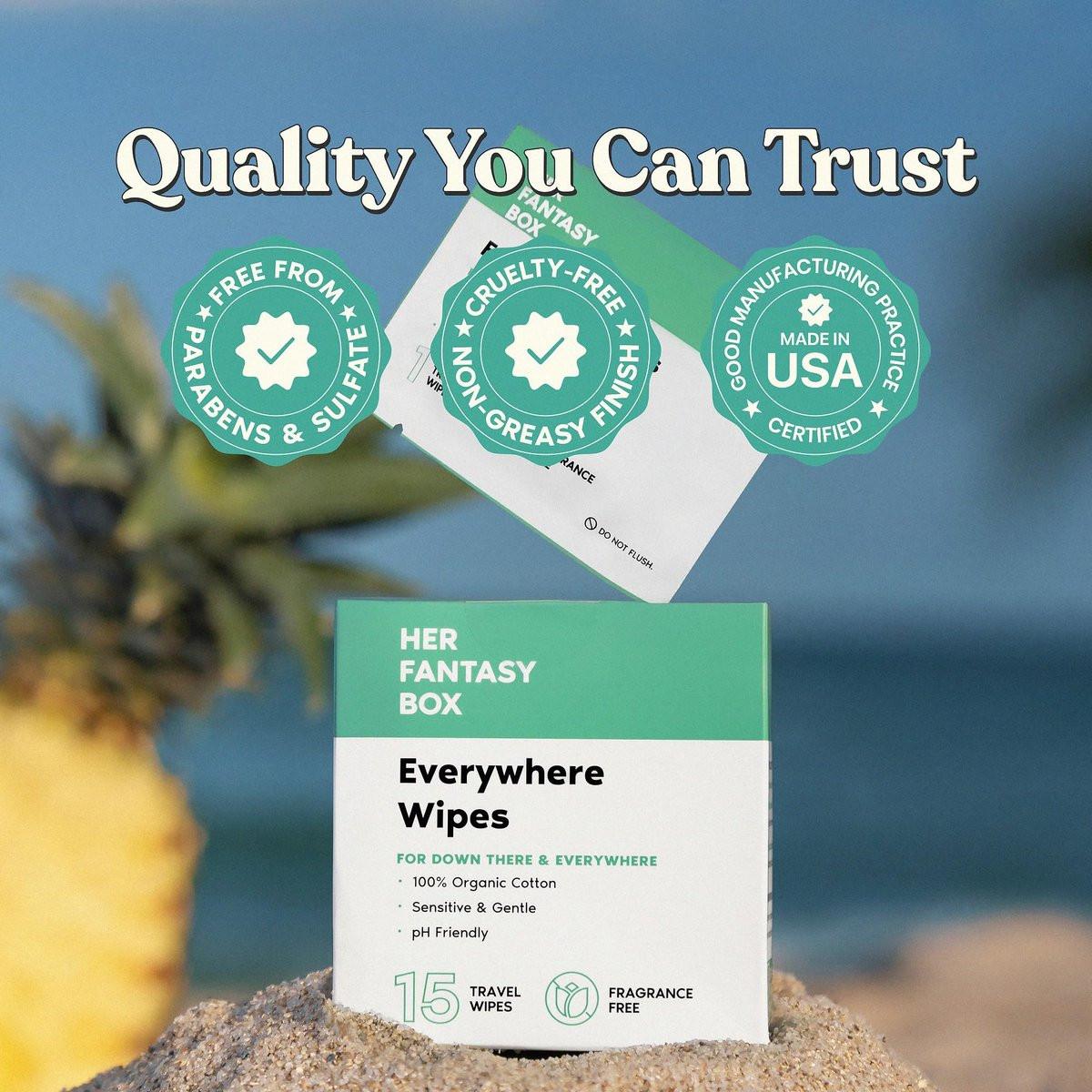 Her Fantasy Box | Everywhere Wipes – 100% Bio-Baumwolle, Sanft & Erfrischend, pH-ausgeglichen, Duftfrei, Pflanzlich für Körper, Gesicht & Intimbereich, Ideal für empfindliche Haut - 1 Packung, 15 Tücher
