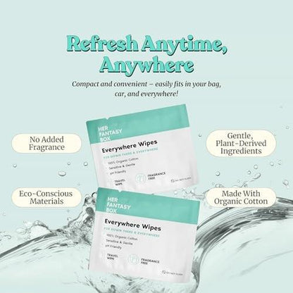 Her Fantasy Box | Everywhere Wipes – 100% Bio-Baumwolle, Sanft & Erfrischend, pH-ausgeglichen, Duftfrei, Pflanzlich für Körper, Gesicht & Intimbereich, Ideal für empfindliche Haut - 1 Packung, 15 Tücher