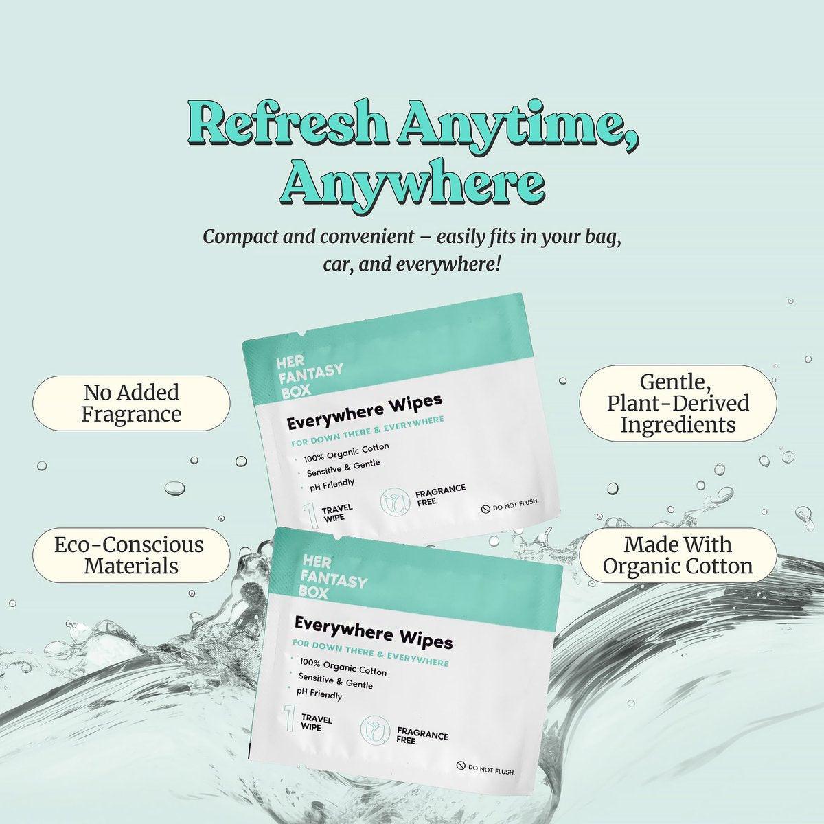 Her Fantasy Box | Everywhere Wipes – 100% Bio-Baumwolle, Sanft & Erfrischend, pH-ausgeglichen, Duftfrei, Pflanzlich für Körper, Gesicht & Intimbereich, Ideal für empfindliche Haut - 1 Packung, 15 Tücher