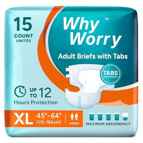 WhyWorry Erwachsenenwindeln mit Klebetabs, Einweg-Inkontinenzhosen für Frauen & Männer mit maximaler Saugfähigkeit, Inkontinenzslips für die Nacht, Geruchskontrolle, Unisex, X-Large, 15 Stück